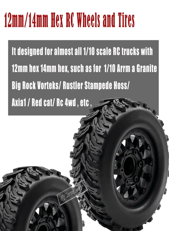 Rcarmumb 12mm/14mm Hex RC Truck Tires Wheel for 1/10 Arrm a Granite Vorteks Big Rock,Rustler Stampede Hoss/Axia1 LOS1 Red cat Rc 4wd,4pcs Rc Truck Tires,Black - Image 2